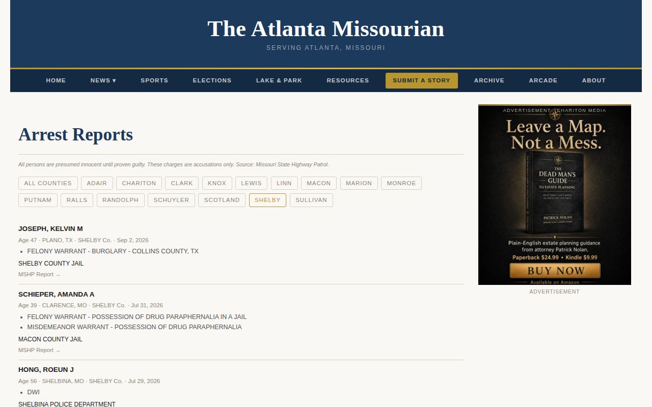 Atlanta Missourian secondary Shelby County arrest report filter