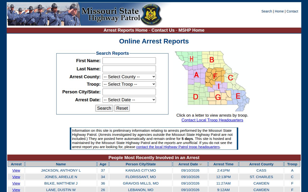 Official MSHP search used for Shelby County arrest reports