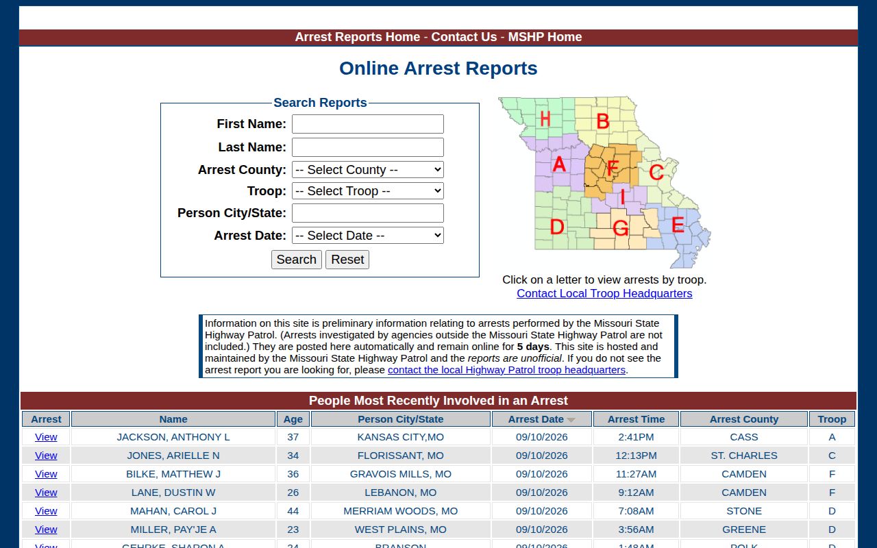 Missouri State Highway Patrol Shelby County arrest search interface