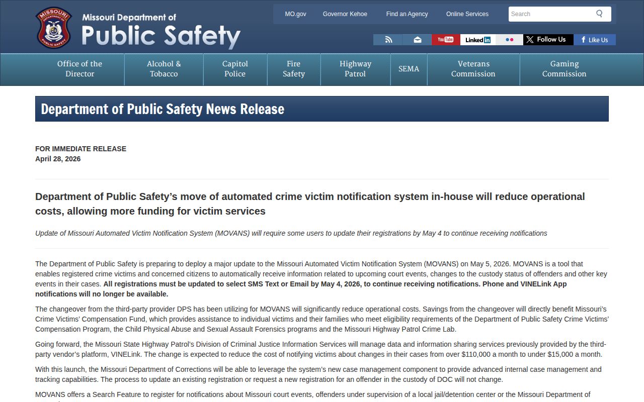 Missouri DPS notice changing Shelby County VINE arrest alert channels