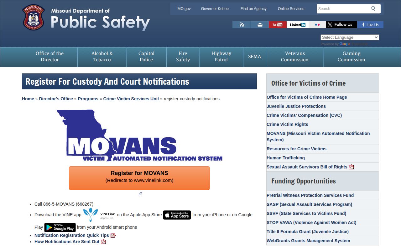 Missouri custody notification registration page for MOVANS and VINELink