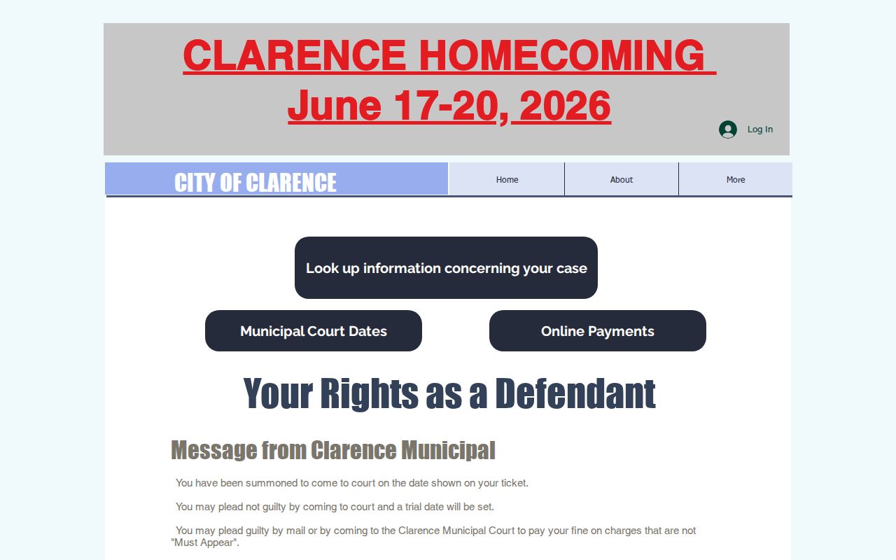 Official Clarence municipal court page with court process and Case.net guidance
