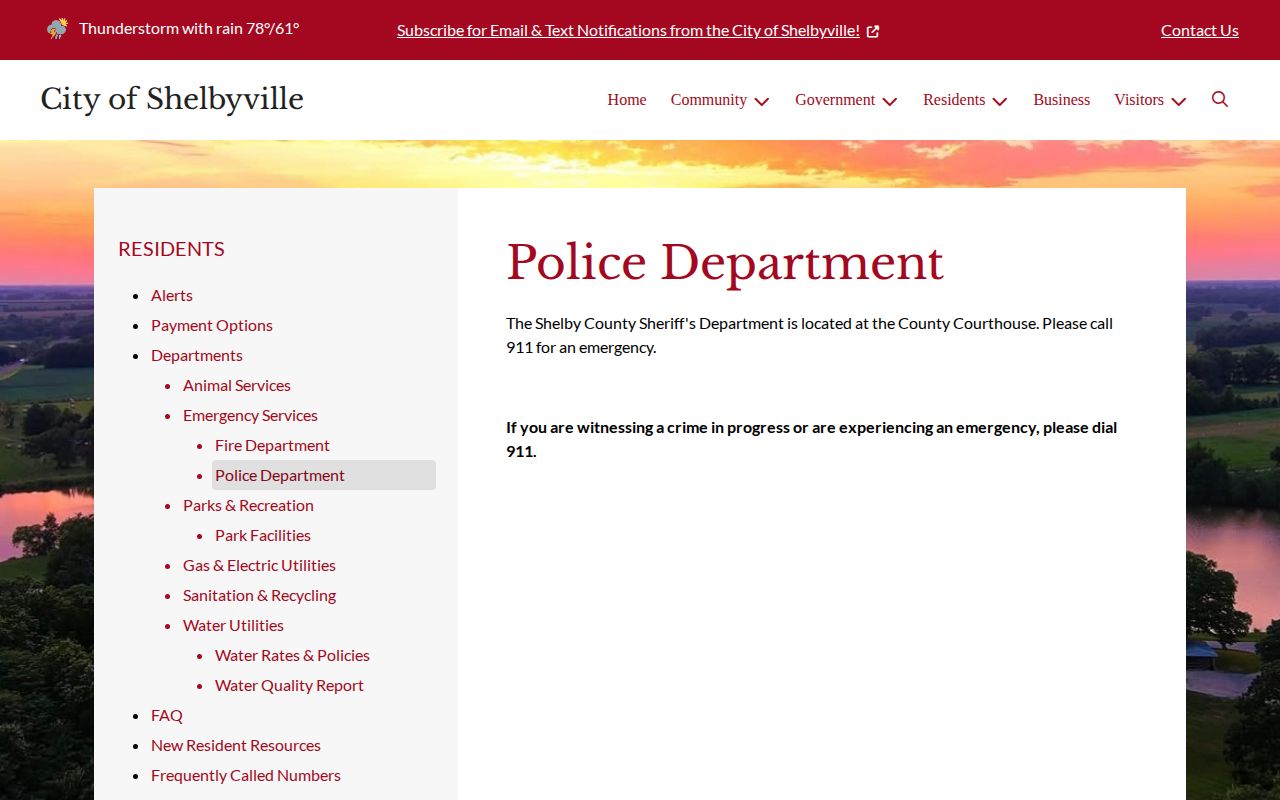 Official Shelbyville police page directing police inquiries to Shelby County Sheriff