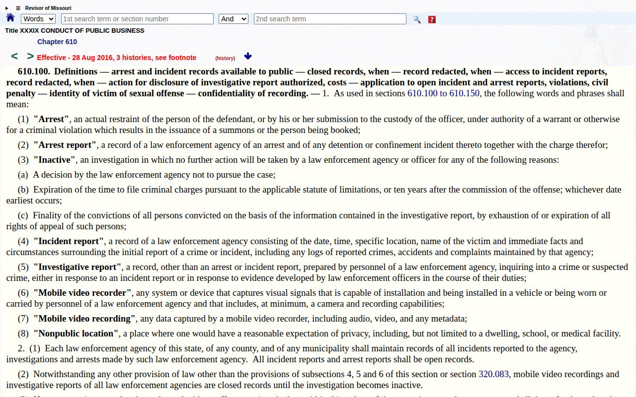Missouri Revised Statutes section 610.100 official page